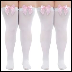 1 Pair New 1 Pair Tried On. Plus Size White Thigh-High Stockings with Pink Bows